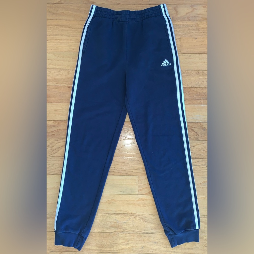Adidas Kids Navy Blue Fleece Joggers with White Stripes, Size XL.